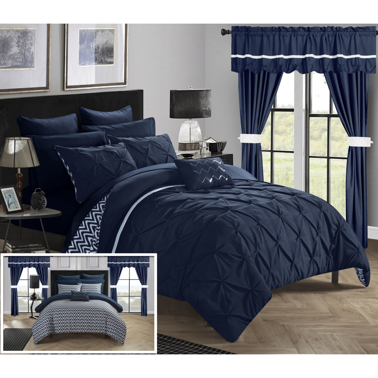 Chic Home 20 Piece Fortville Complete Bed Room In A Bag Super Set. Pinch Pleated Design REVERSIBLE Comforter Set With Decorative Pillows. -