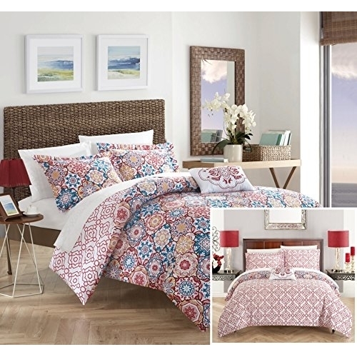 3 Or 4 Piece Eindhoven 100% Cotton 200 Thread Count Bohemian Inspired Printed REVERSIBLE Quilt Set With Shams And Decorative Pillows - Pink,