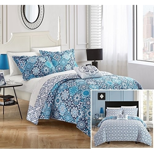 3 Or 4 Piece Eindhoven 100% Cotton 200 Thread Count Bohemian Inspired Printed REVERSIBLE Quilt Set With Shams And Decorative Pillows - Blue,