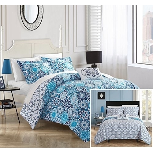 4 Piece Linden 100% Cotton 200 Thread Count Bohemian Inspired Printed REVERSIBLE Duvet Cover Set With Shams And Decorative Pillows - Blue, Q