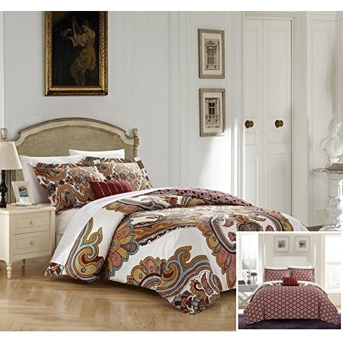 Chic Home 4 Piece Iman 100% Cotton 200 Thread Count XL Panel Framed Boho Printed REVERSIBLE Duvet Cover Set With Shams & Decorative Pillows