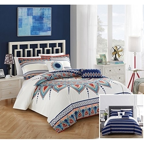Chic Home 5 Piece Popo 100% Cotton 200 Thread Count Panel Frame Boho Printed REVERSIBLE Comforter Set - King