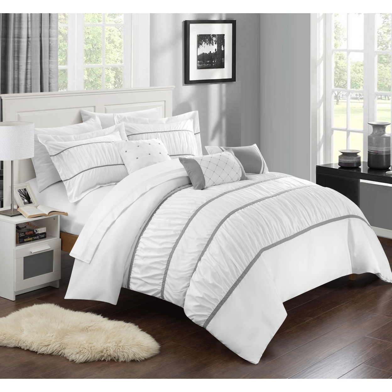 10-Piece Aero Pleated & Ruffled Bed In A Bag Comforter And Sheet Set - White, Queen