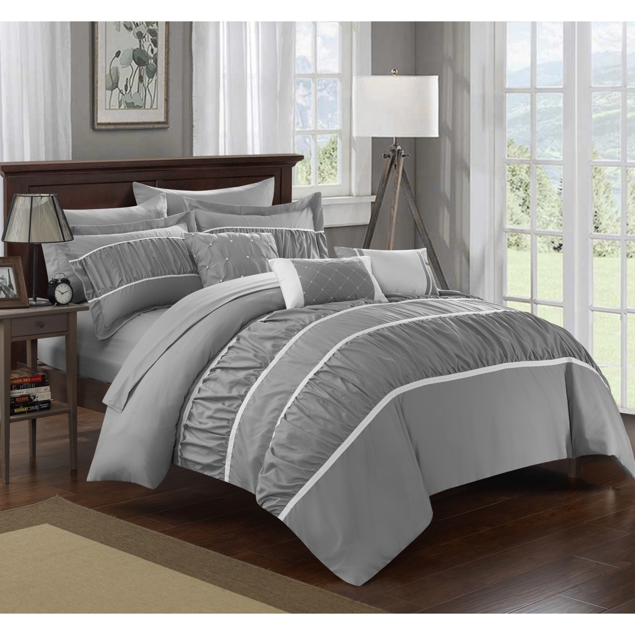 10-Piece Aero Pleated & Ruffled Bed In A Bag Comforter And Sheet Set - Grey, Queen