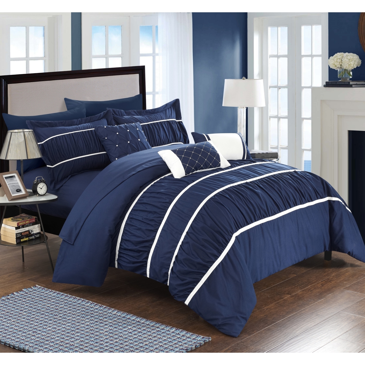 10-Piece Aero Pleated & Ruffled Bed In A Bag Comforter And Sheet Set - Navy, Queen