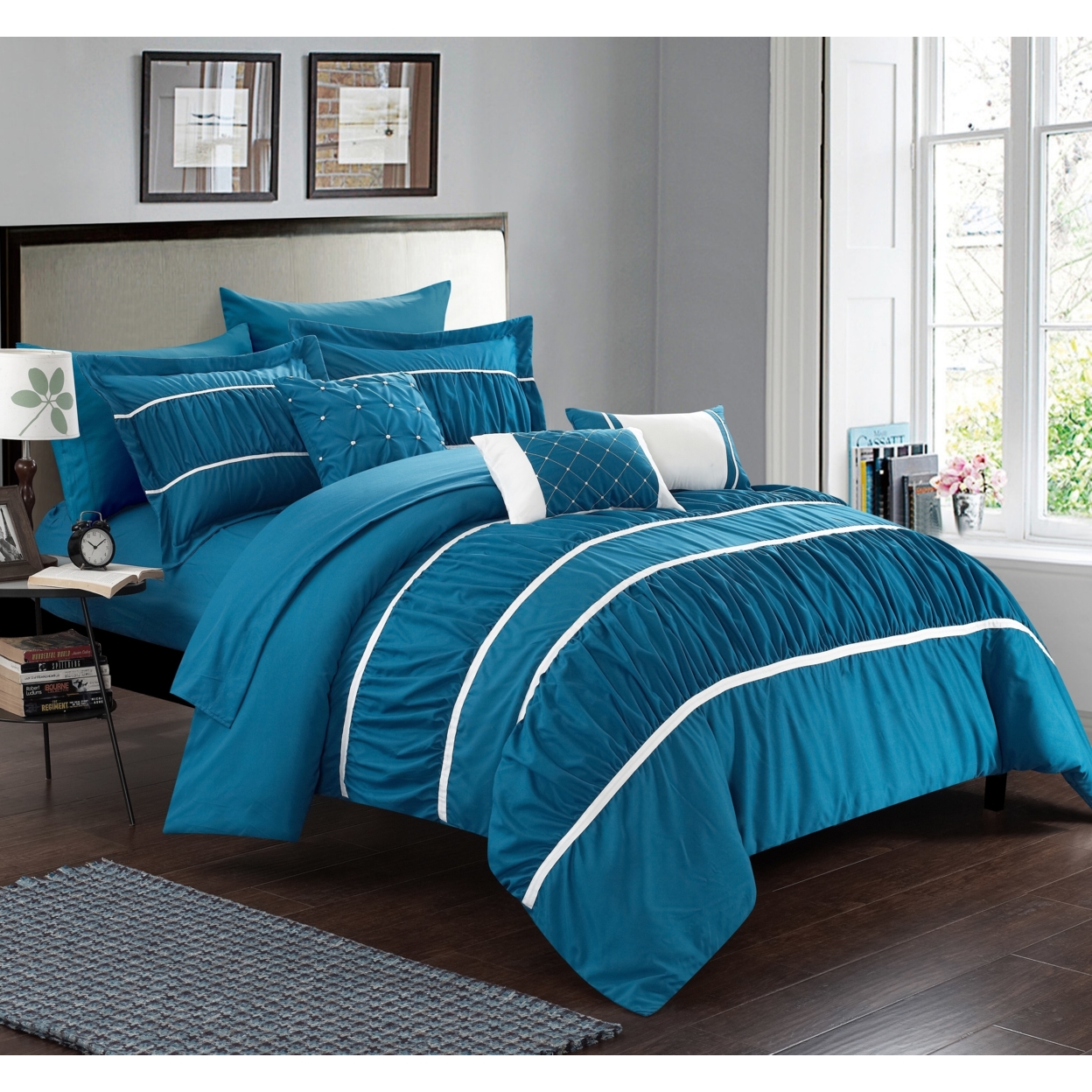10-Piece Aero Pleated & Ruffled Bed In A Bag Comforter And Sheet Set - Teal, King