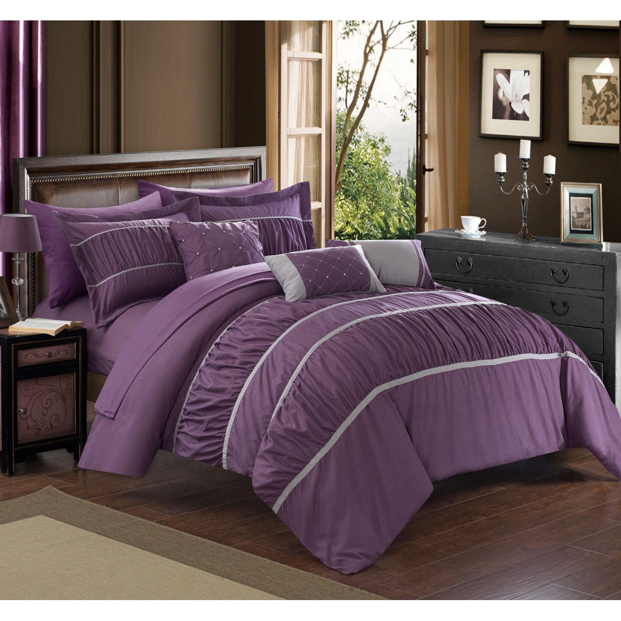 10-Piece Aero Pleated & Ruffled Bed In A Bag Comforter And Sheet Set - Plum, Queen