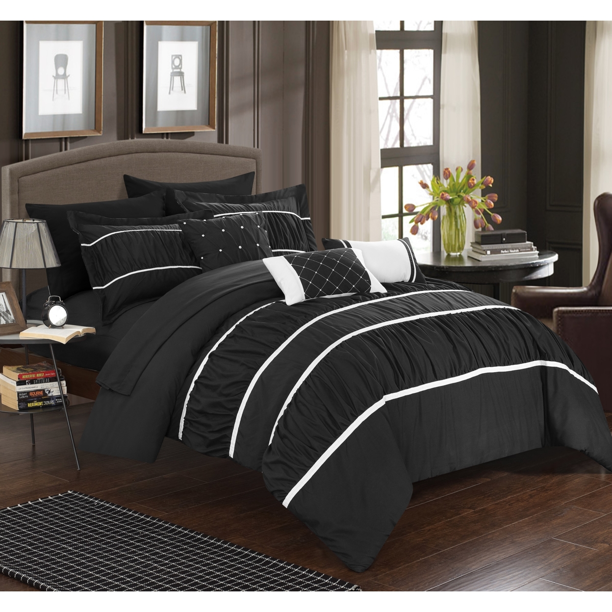 10-Piece Aero Pleated & Ruffled Bed In A Bag Comforter And Sheet Set - Black, King