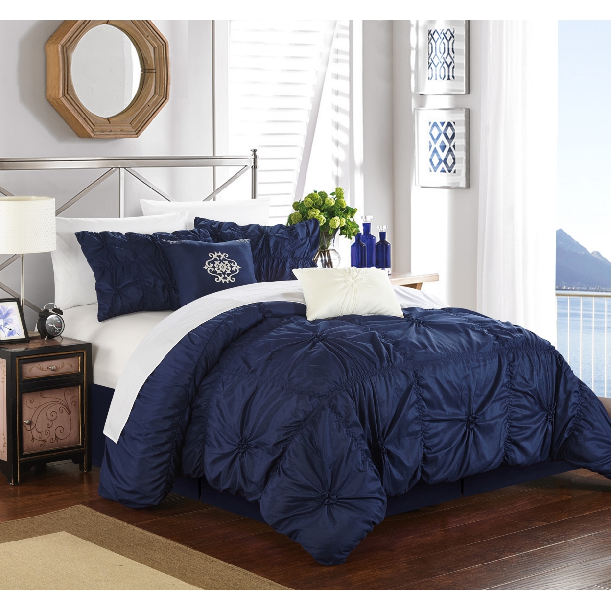 Chic Home 6 Piece Hilton Floral Pinch Pleat Ruffled Designer Embellished Comforter Set - Navy, Queen