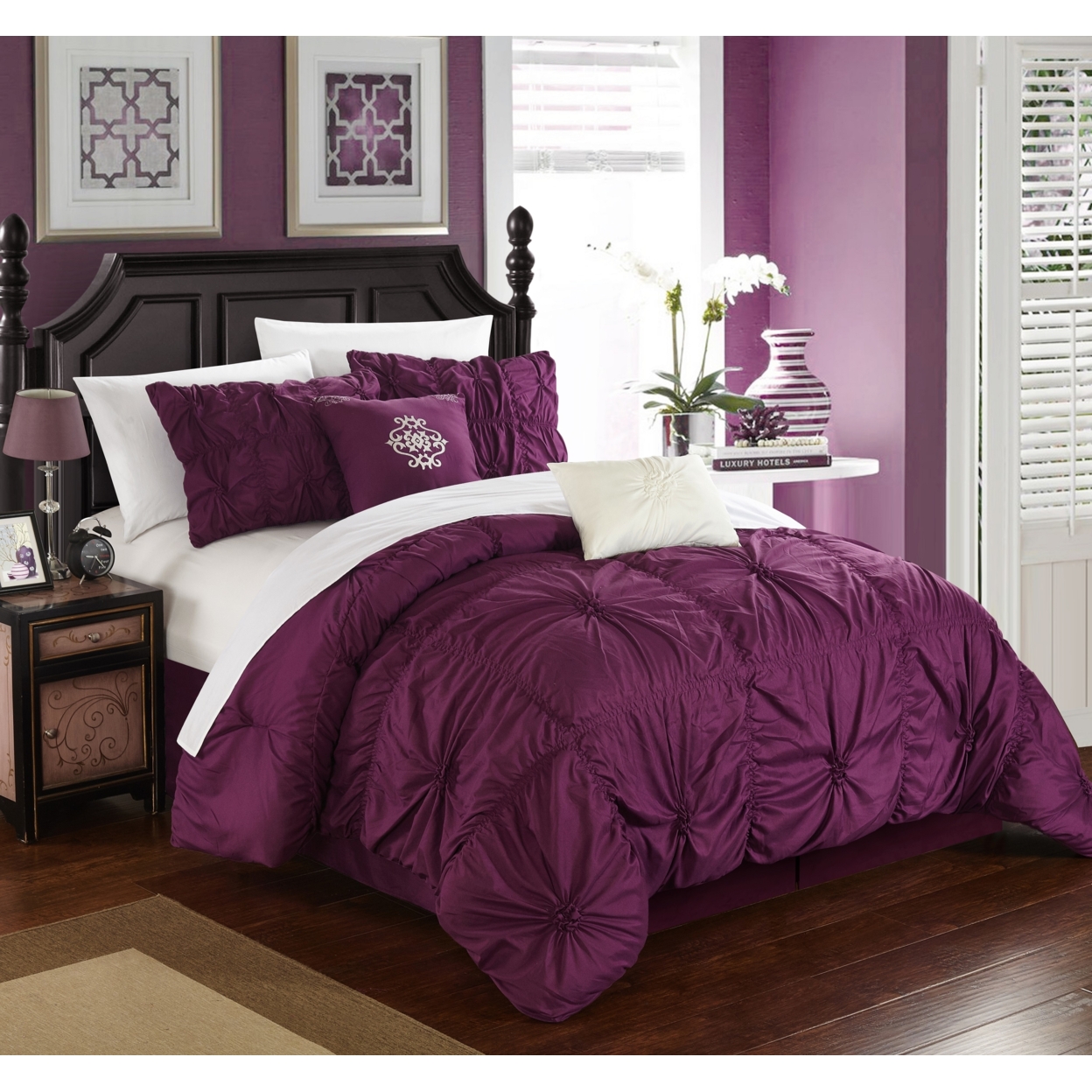 Chic Home 6 Piece Hilton Floral Pinch Pleat Ruffled Designer Embellished Comforter Set - Navy, King