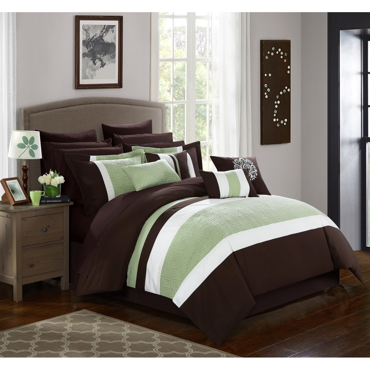 16 Piece Pisaro Complete Bedroom In A Bag Pinch Contemporary Embroidered And Quilted Comforter Set - Brown, Queen