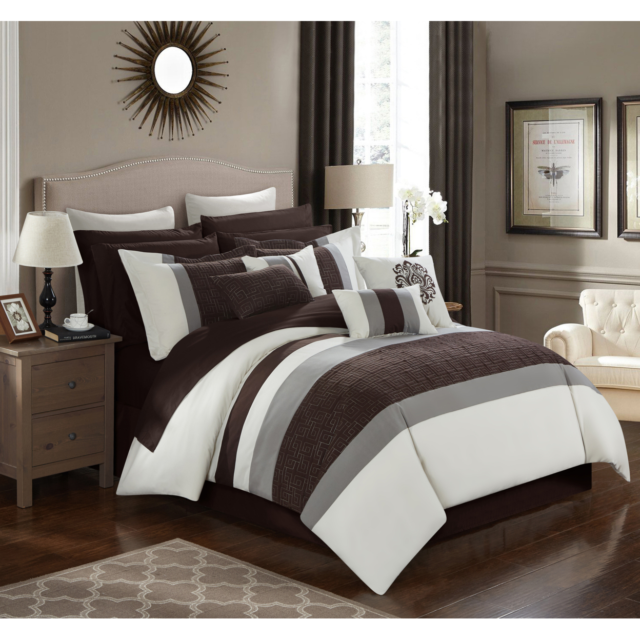 16 Piece Pisaro Complete Bedroom In A Bag Pinch Contemporary Embroidered And Quilted Comforter Set - Brown, Queen