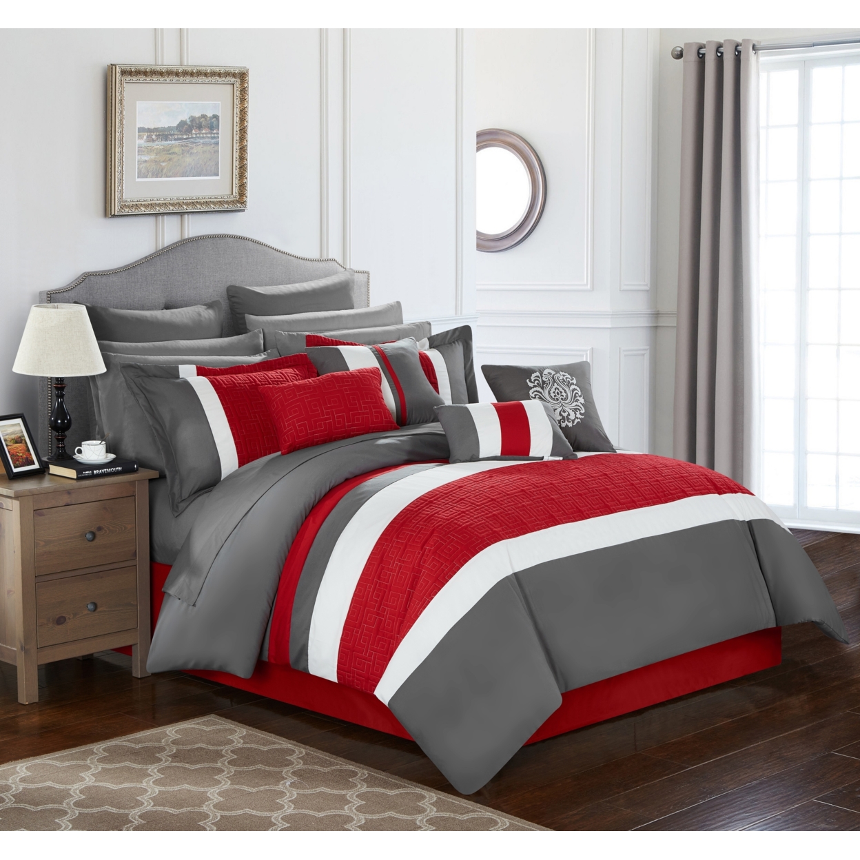 16 Piece Pisaro Complete Bedroom In A Bag Pinch Contemporary Embroidered And Quilted Comforter Set - Red, Queen