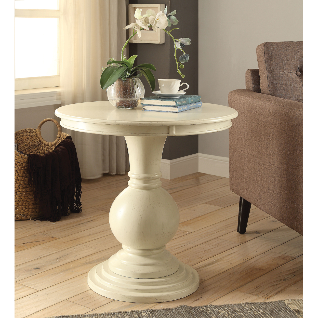 Wooden Accent Table With Pedestal Base, Antique White- Saltoro Sherpi