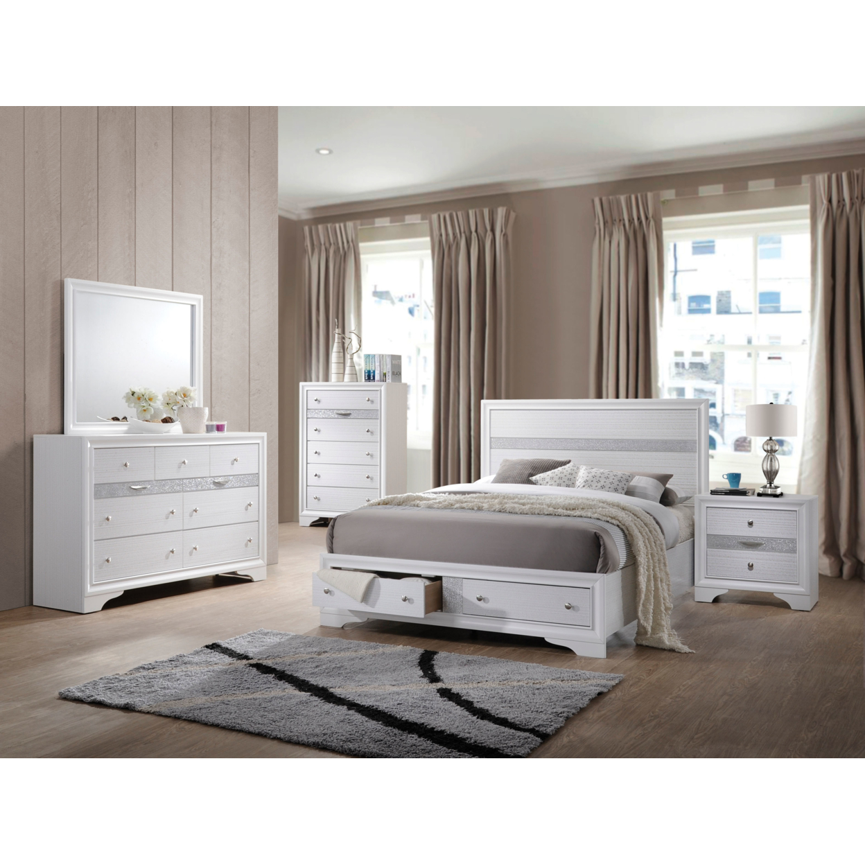 Classy Queen Size Bed With Storage, White- Saltoro Sherpi