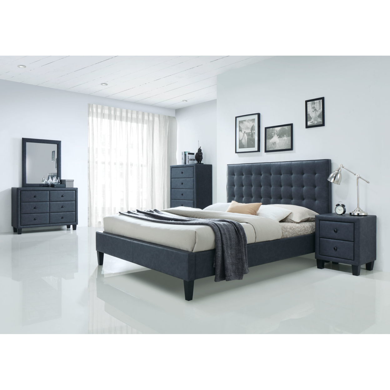Luxurious And Stylish Fully Padded Queen Bed, Grey- Saltoro Sherpi