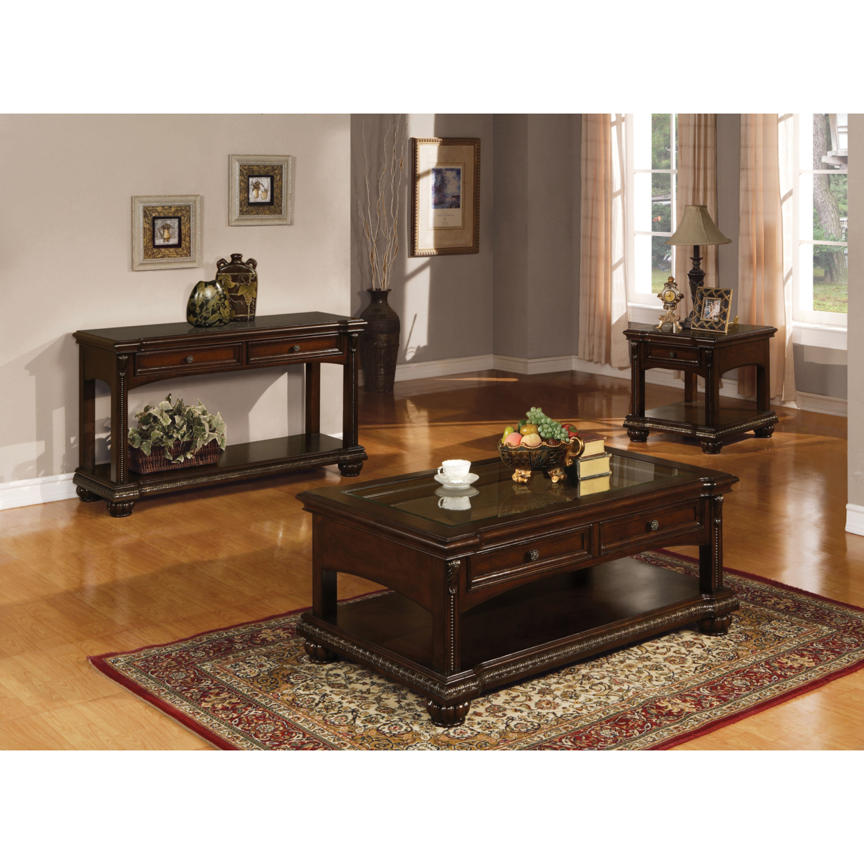 Majestic Sofa Table With 2 Drawers, Cherry Brown- Saltoro Sherpi