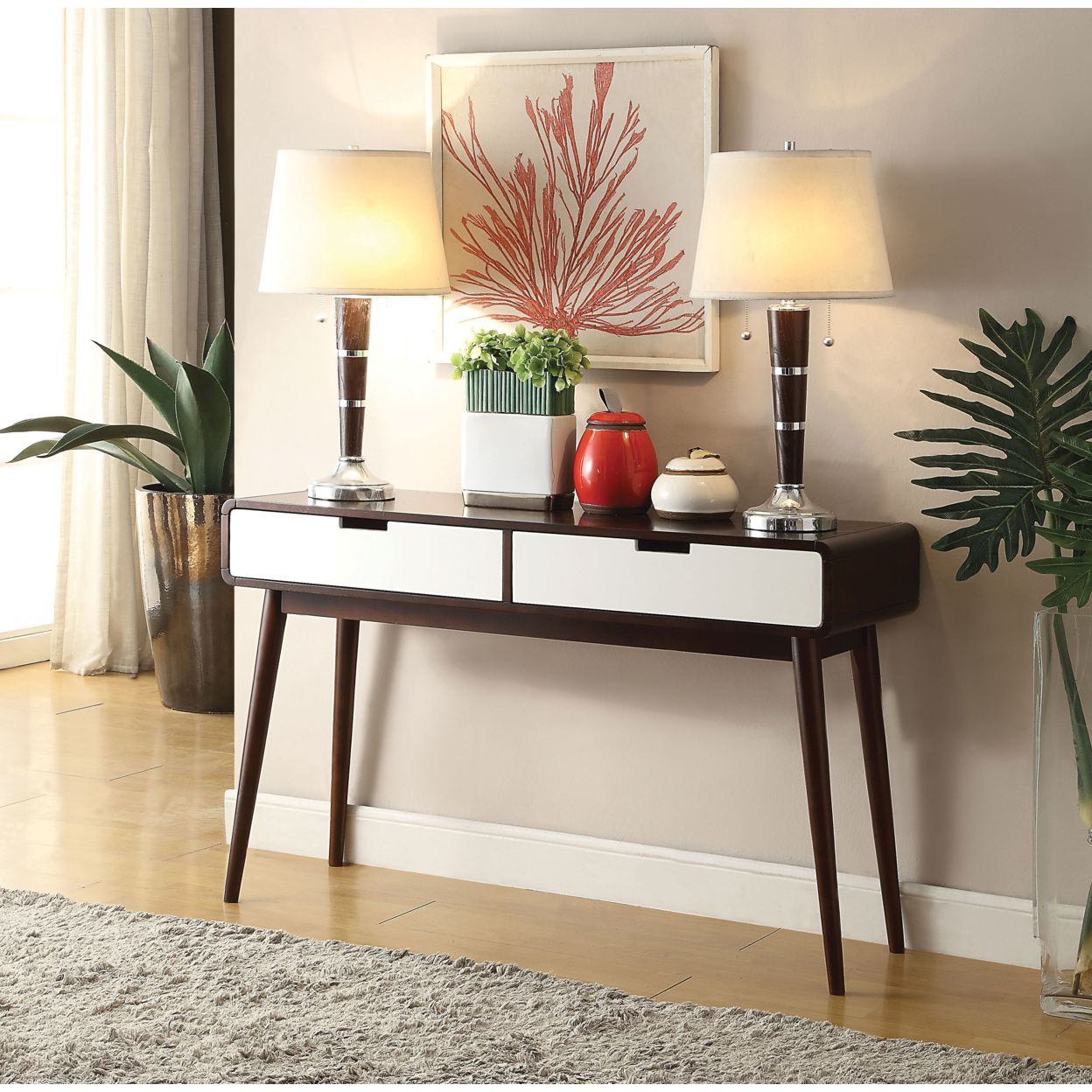 Beautiful Sofa Table With 2 Drawers, Espresso & White- Saltoro Sherpi