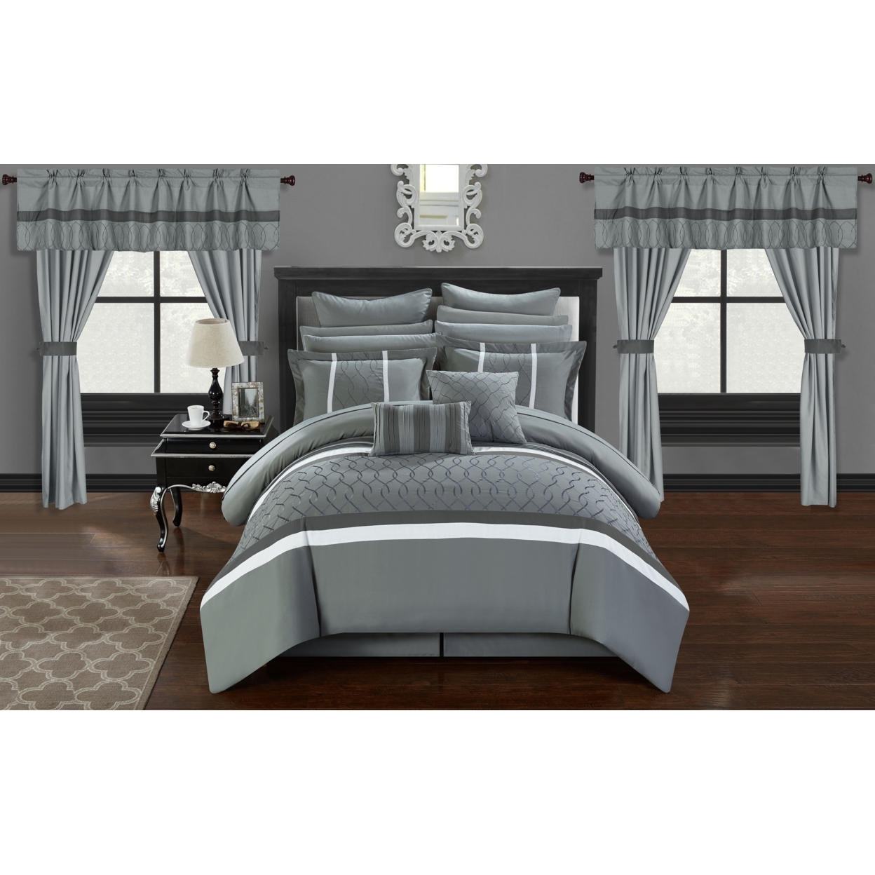 Topaz 24 Piece Comforter Bed In A Bag Pleated Ruffled Designer Embellished Bedding Set - Gray, King