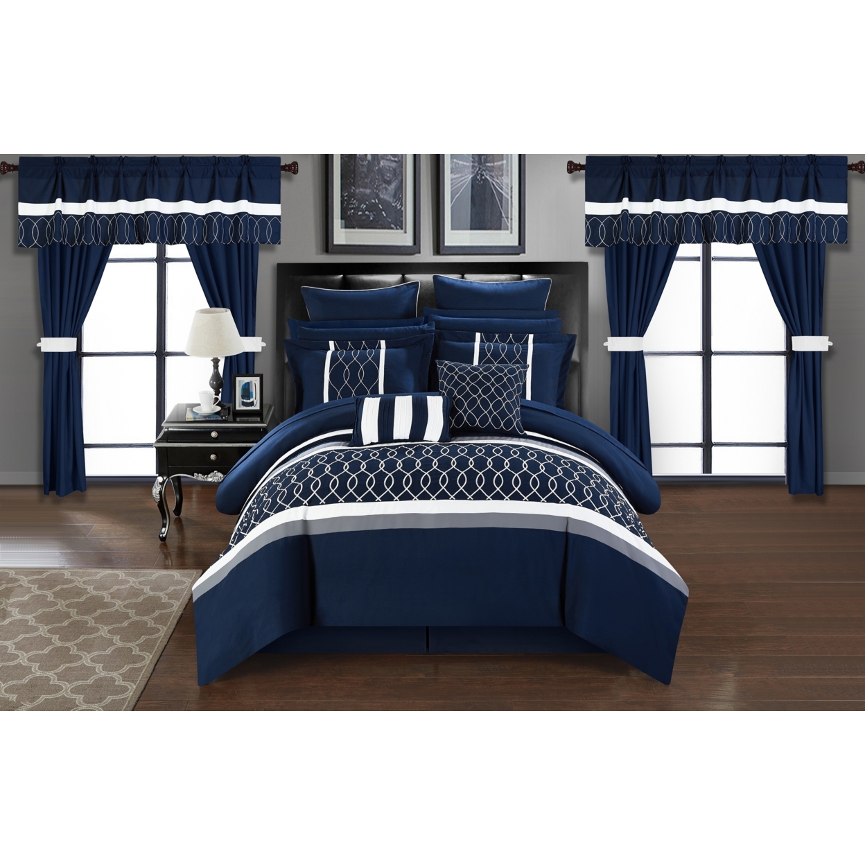 Topaz 24 Piece Comforter Bed In A Bag Pleated Ruffled Designer Embellished Bedding Set - Navy, Queen
