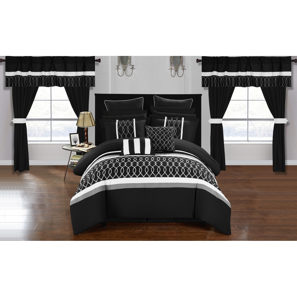 Topaz 24 Piece Comforter Bed In A Bag Pleated Ruffled Designer Embellished Bedding Set - Black, Queen