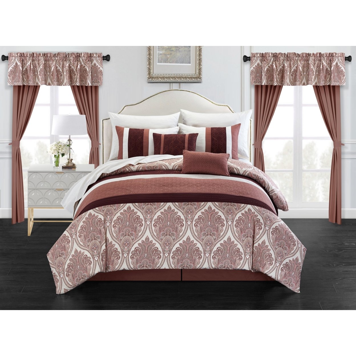 Vivaldi 20 Piece Comforter Set Medallion Quilted Embroidered Design Bed in a Bag Bedding - Brick, Queen