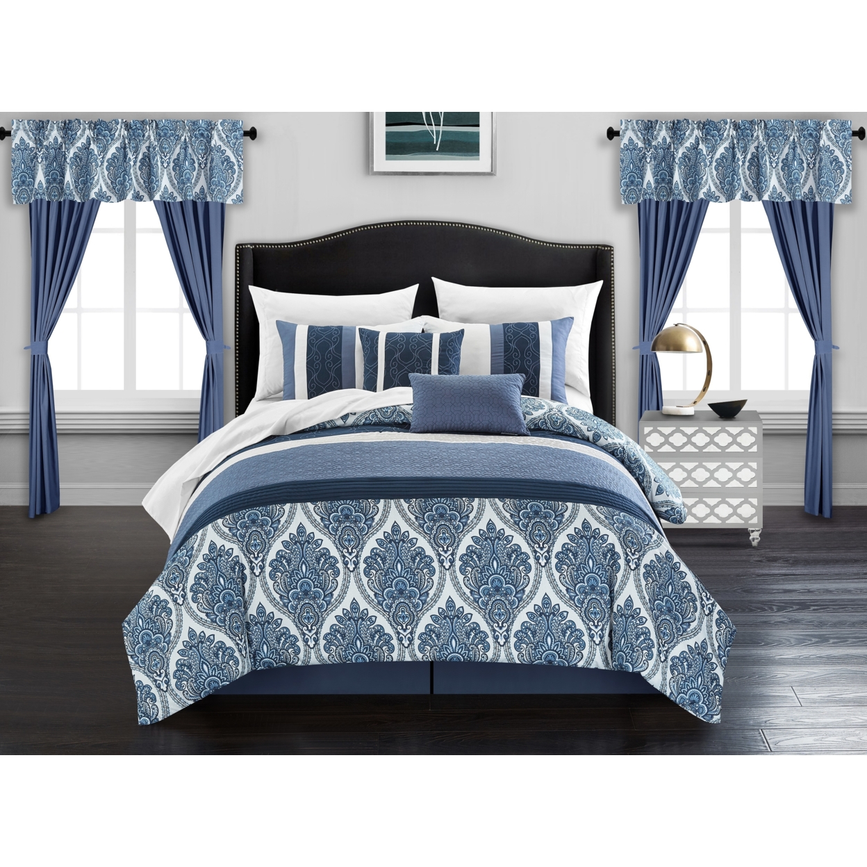 Vivaldi 20 Piece Comforter Set Medallion Quilted Embroidered Design Bed In A Bag Bedding - Aqua, Queen
