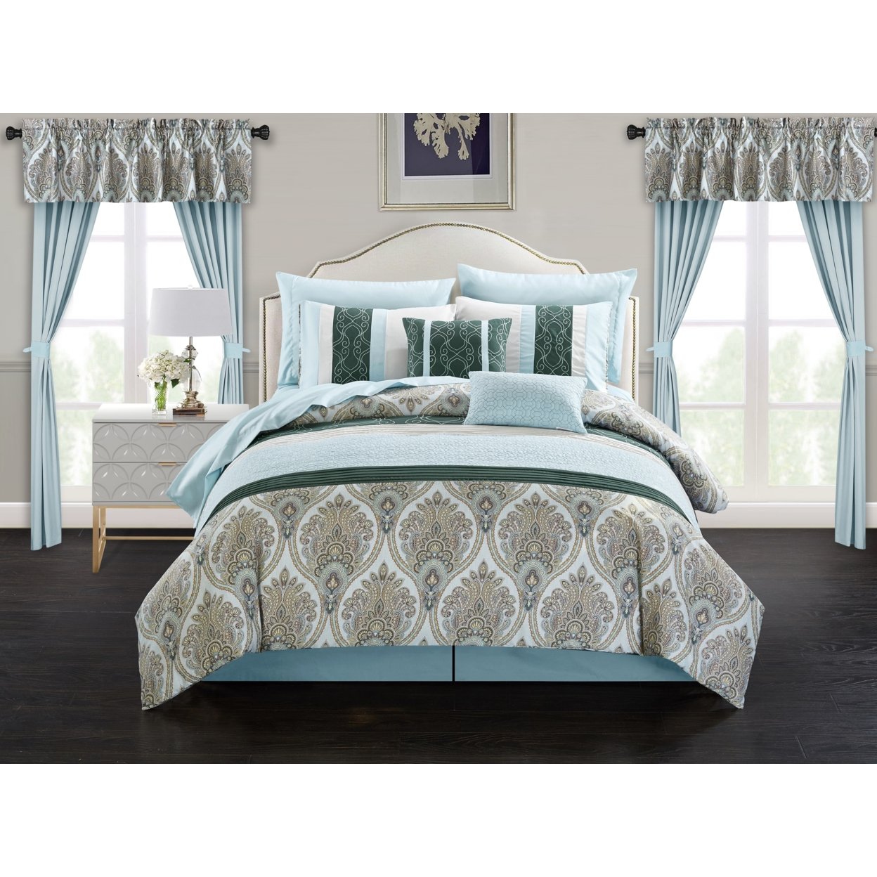 Vivaldi 20 Piece Comforter Set Medallion Quilted Embroidered Design Bed in a Bag Bedding - Aqua, Queen