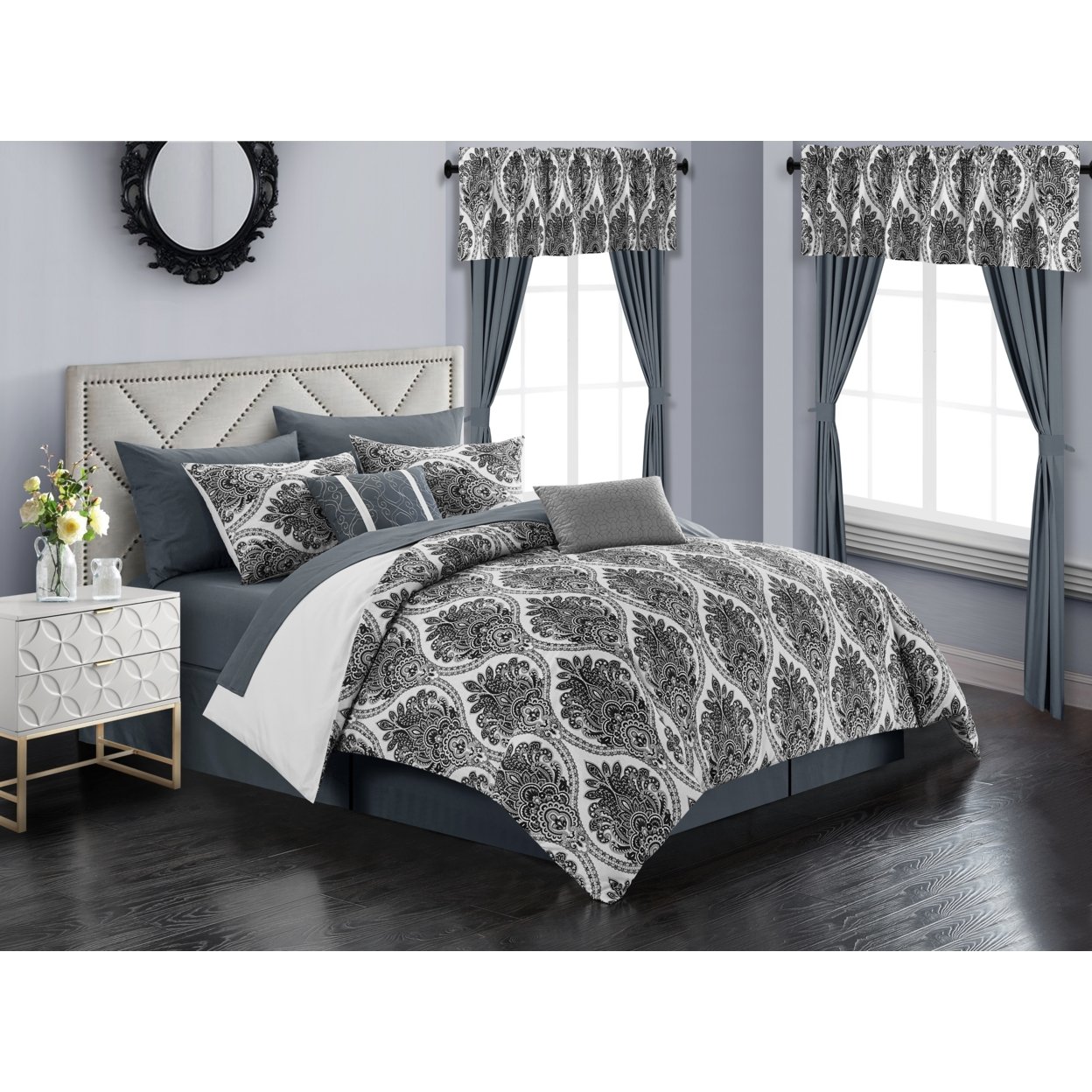 Vivaldi 20 Piece Comforter Set Medallion Quilted Embroidered Design Bed in a Bag Bedding - Grey, Queen