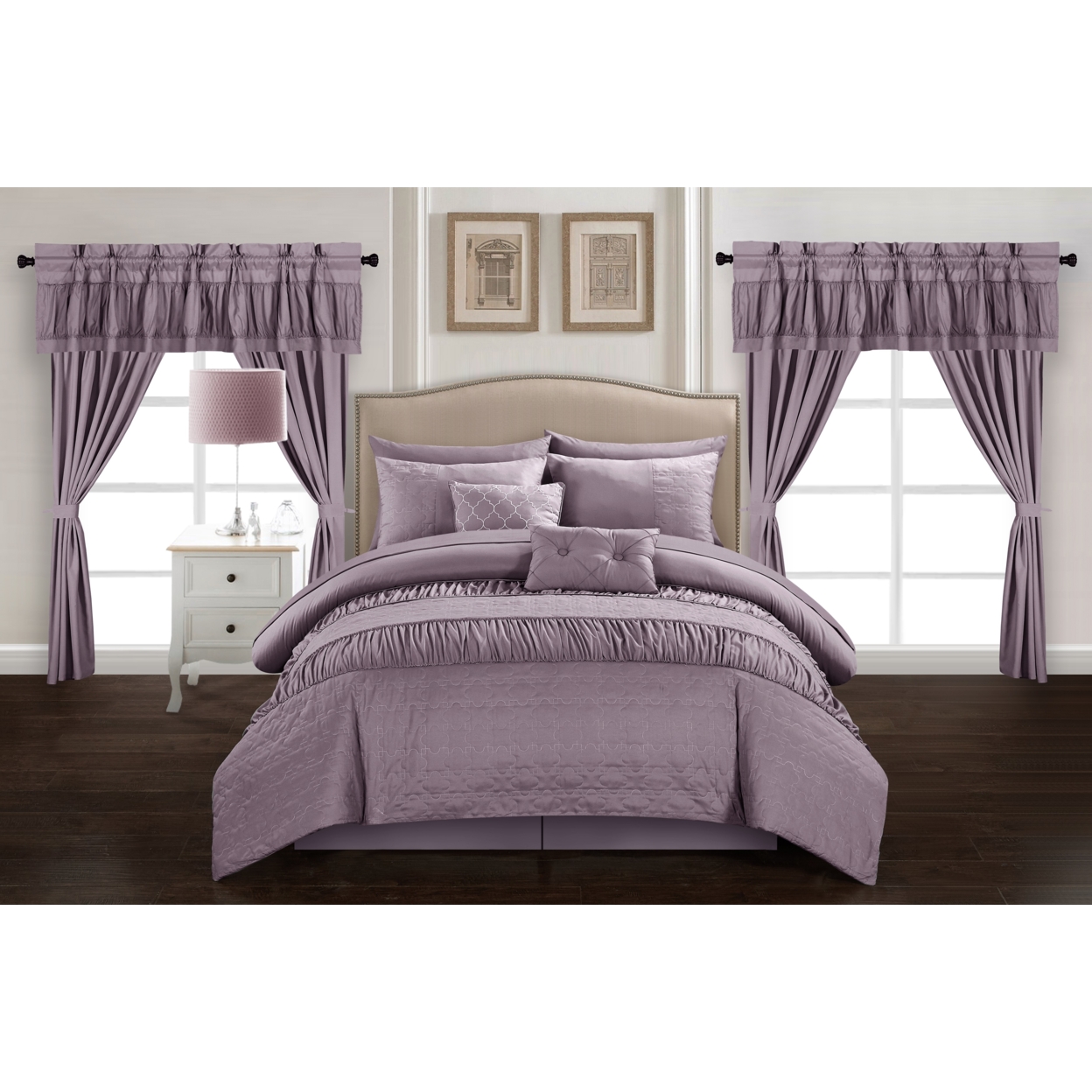 Mykonos 20 Piece Comforter Set Embossed Bedding - Sheets Window Treatments Decorative Pillows Shams Bed Skirt Included - Plum, King