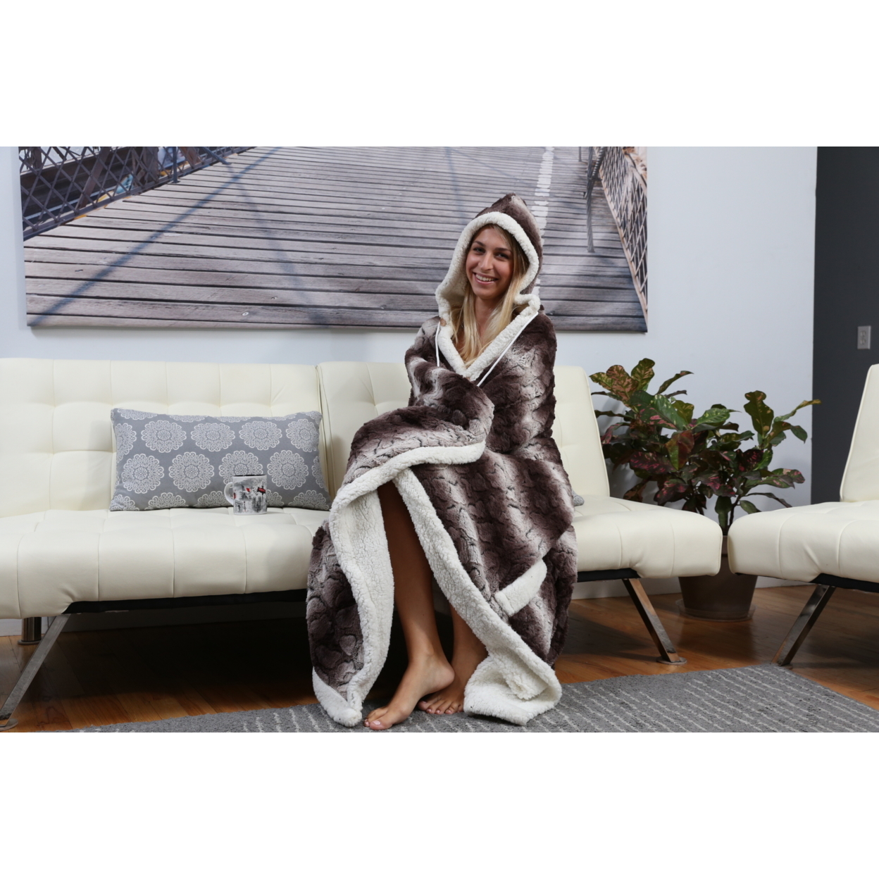 Sherpa-Lined Animal Print Hooded Robe, Multiple Colors - Brown