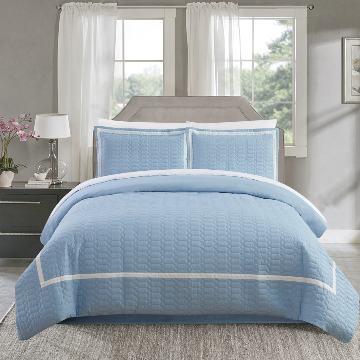 Dawn 2 Piece Duvet Cover Set Hotel Collection Two Tone Banded Print Zipper Closure - Blue, King