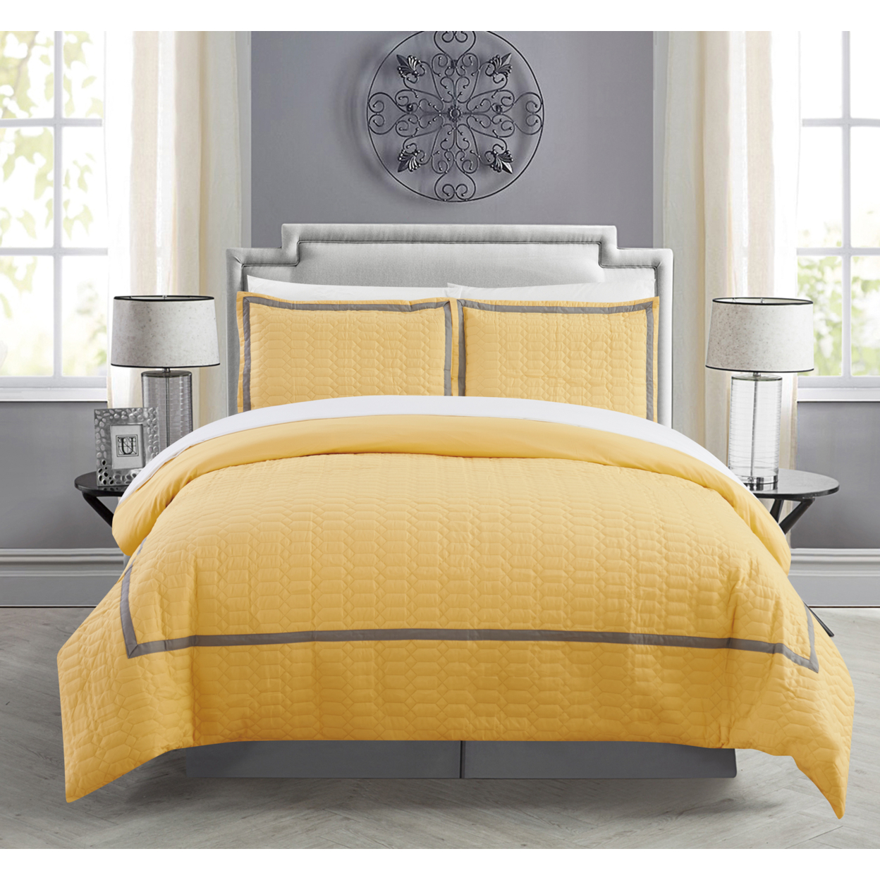 Dawn 2 Piece Duvet Cover Set Hotel Collection Two Tone Banded Print Zipper Closure - Yellow, Queen