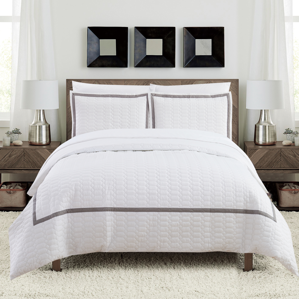Dawn 2 Piece Duvet Cover Set Hotel Collection Two Tone Banded Print Zipper Closure - White, Queen