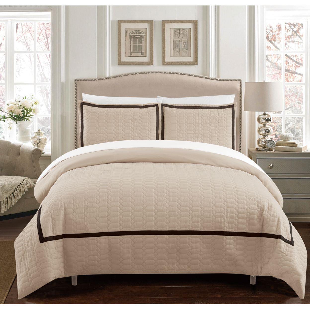 Dawn 2 Piece Duvet Cover Set Hotel Collection Two Tone Banded Print Zipper Closure - Beige, Queen