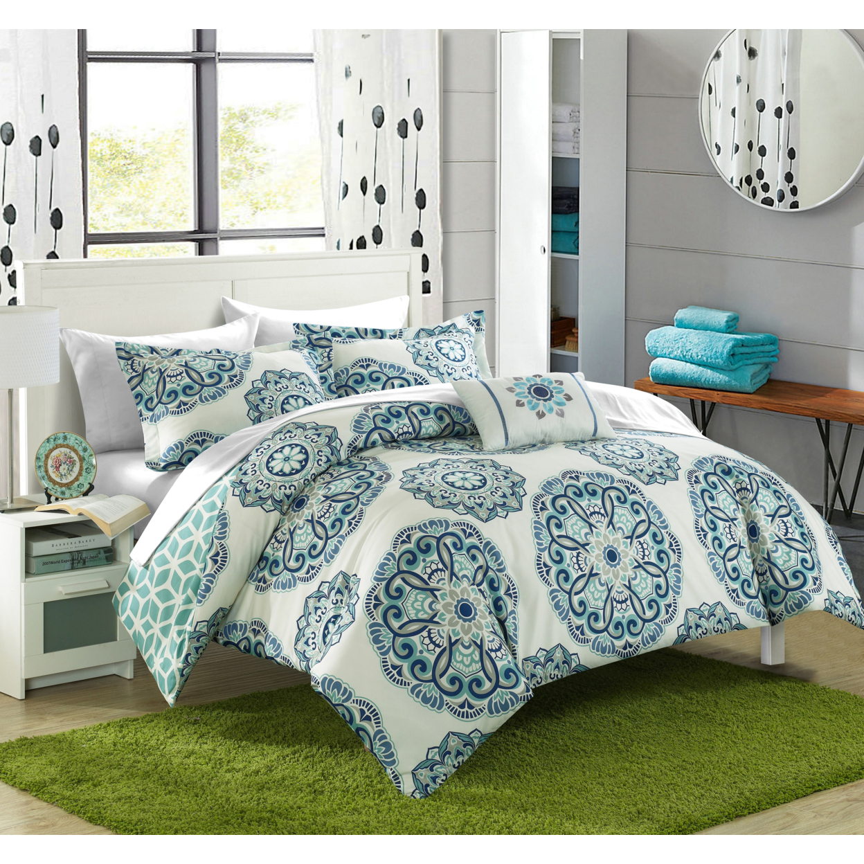 8 Or 6 Pc. Barella Super Soft Large Printed Medallion REVERSIBLE With Geometric Printed Backing Comforter Set - Green, Queen