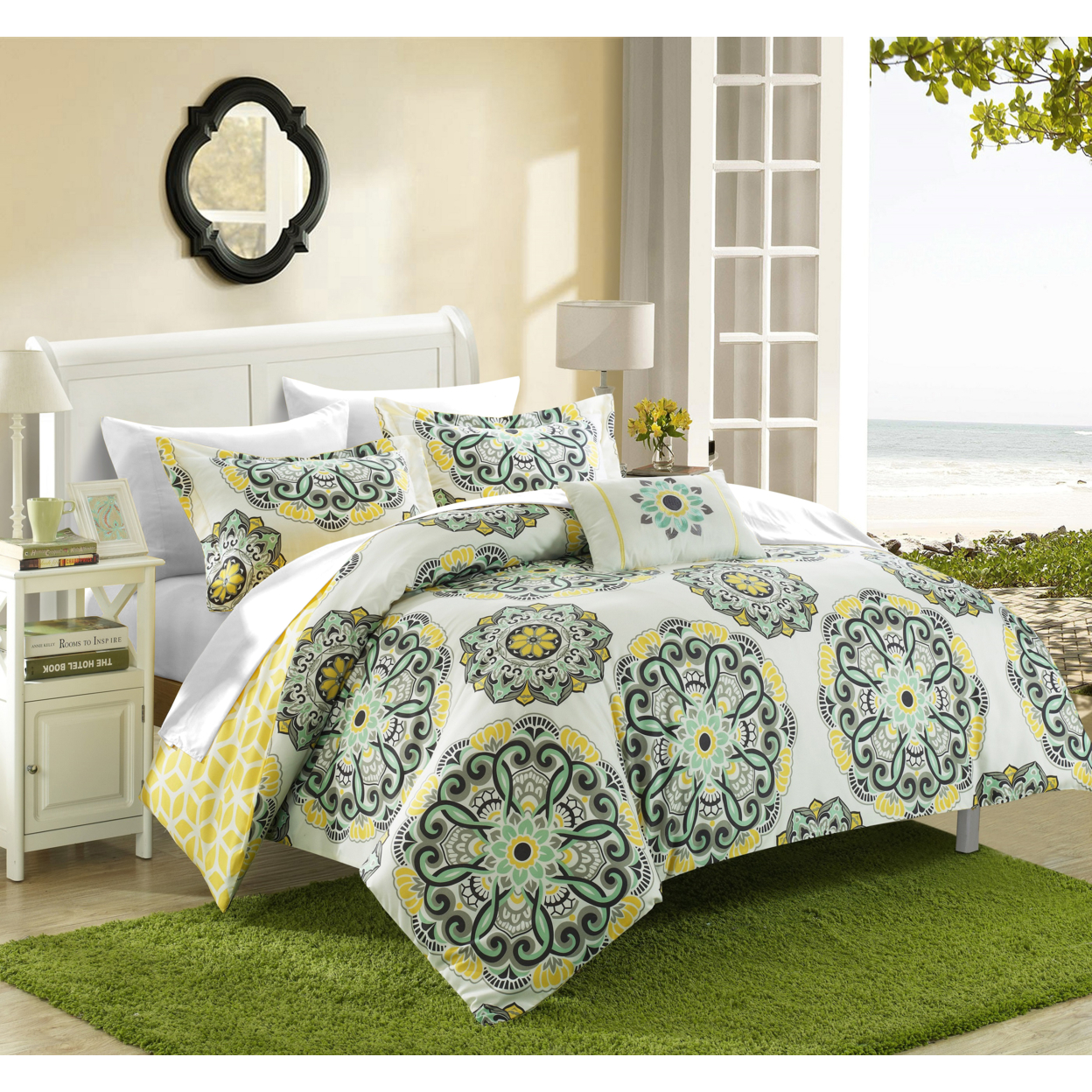 8 Or 6 Pc. Barella Super Soft Large Printed Medallion REVERSIBLE With Geometric Printed Backing Comforter Set - Yellow, Queen