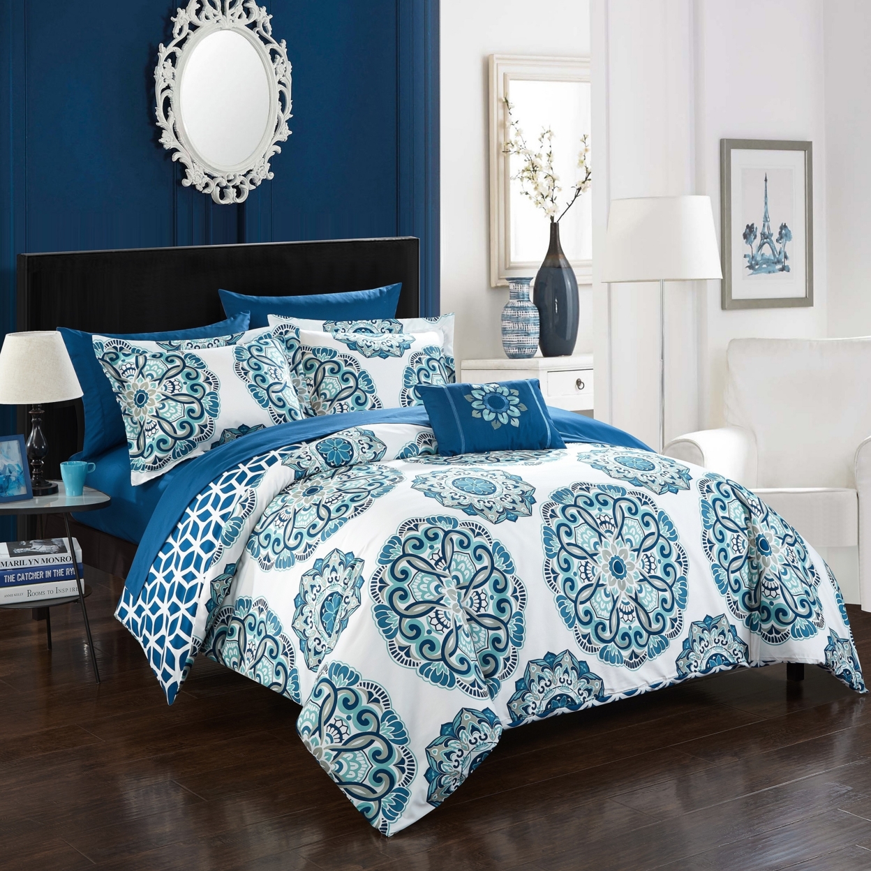 8 Or 6 Pc. Barella Super Soft Large Printed Medallion REVERSIBLE With Geometric Printed Backing Comforter Set - Blue, Queen