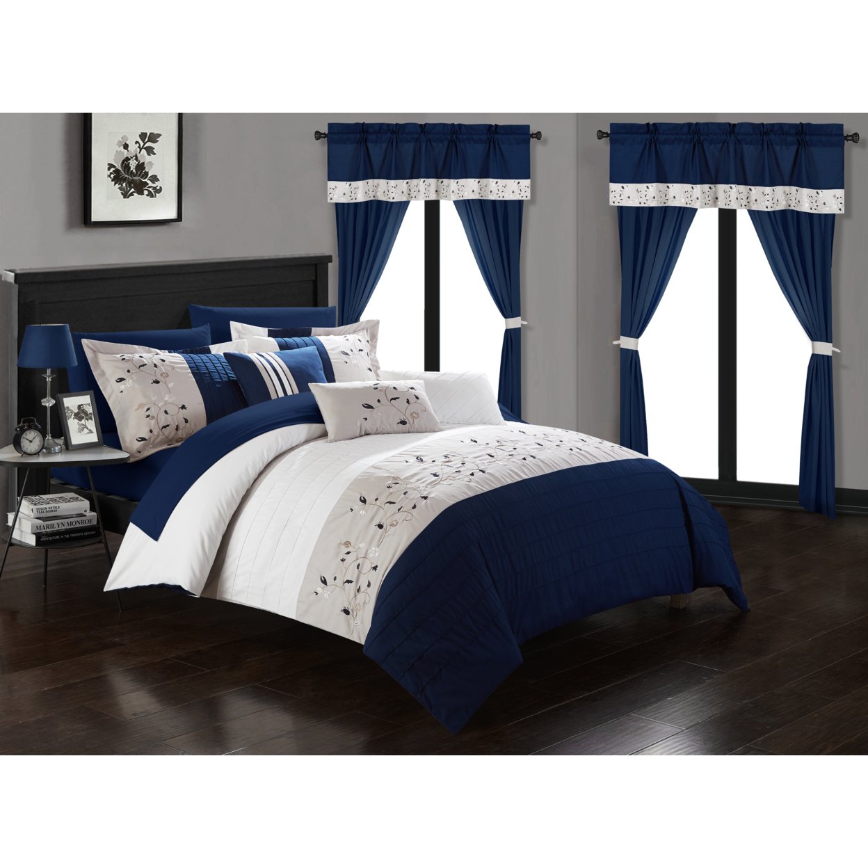 Sonita 20-Piece Bedding Set With Comforter, Sheets & Curtains, Mult. Colors - Navy, Queen