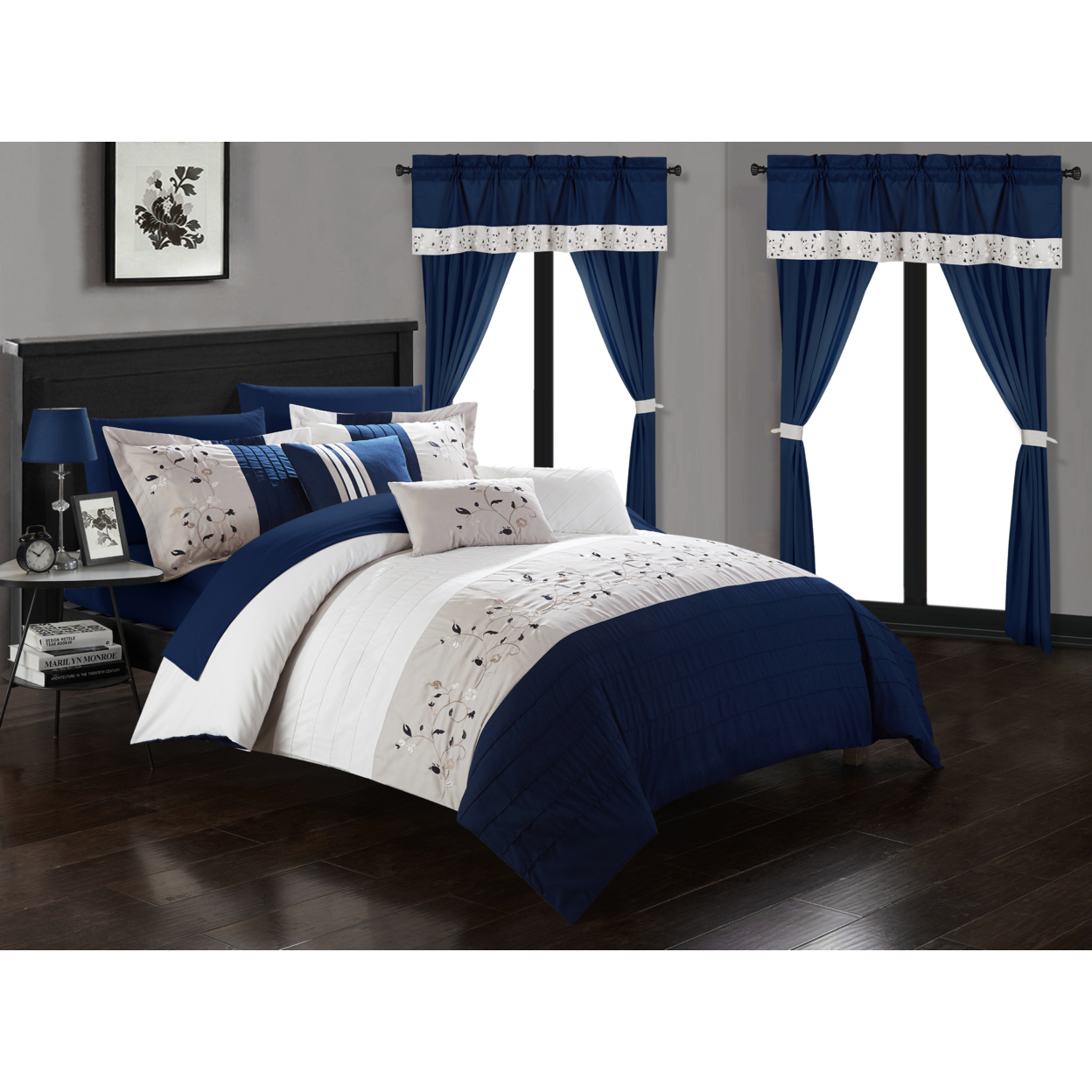 Sonita 20-Piece Bedding Set With Comforter, Sheets & Curtains, Mult. Colors - Navy, King