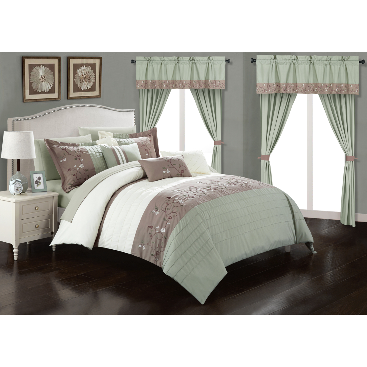 Sonita 20-Piece Bedding Set With Comforter, Sheets & Curtains, Mult. Colors - Green, King