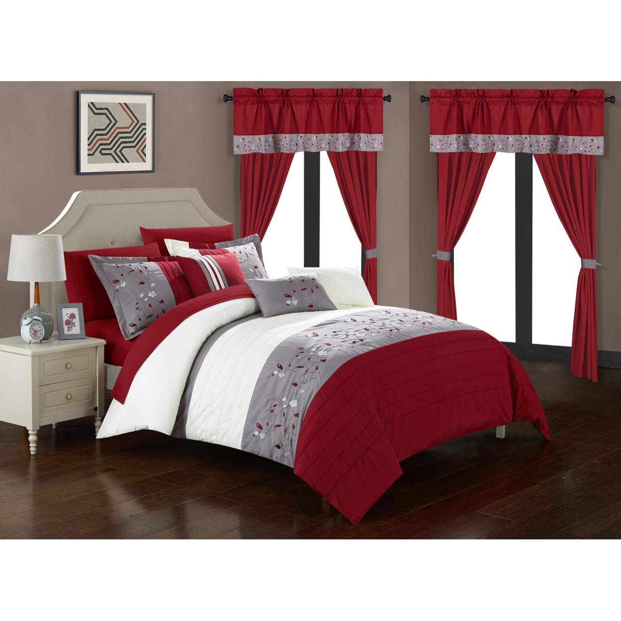 Sonita 20-Piece Bedding Set With Comforter, Sheets & Curtains, Mult. Colors - Red, King