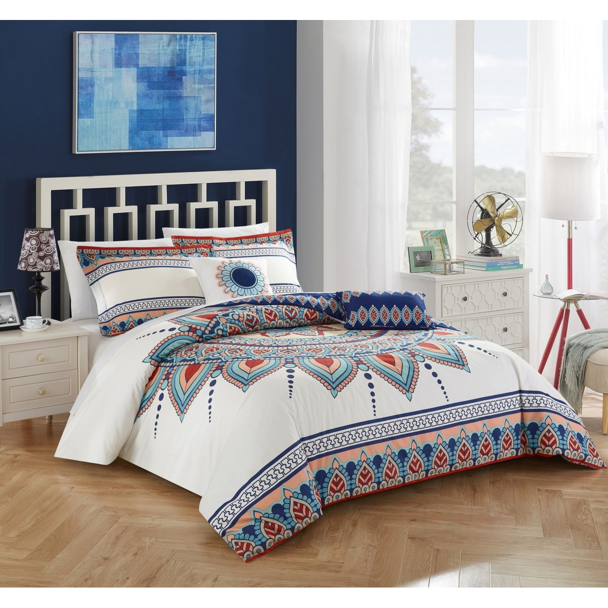 Chic Home 5 Piece Popo 100% Cotton 200 Thread Count Panel Frame Boho Printed REVERSIBLE Comforter Set - King