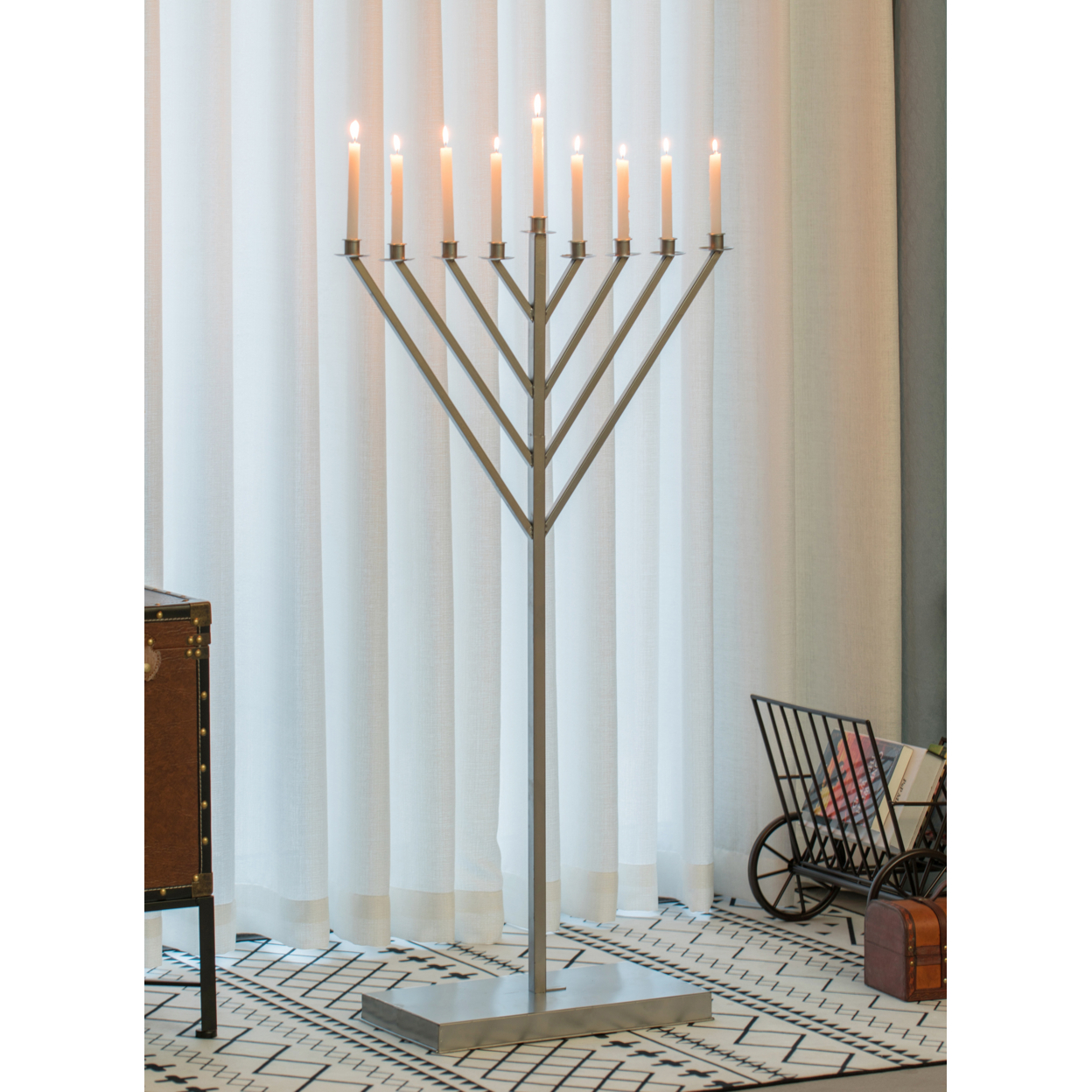 Large Metal Silver Coated Hanukkah Menorah For Synagogue - Large