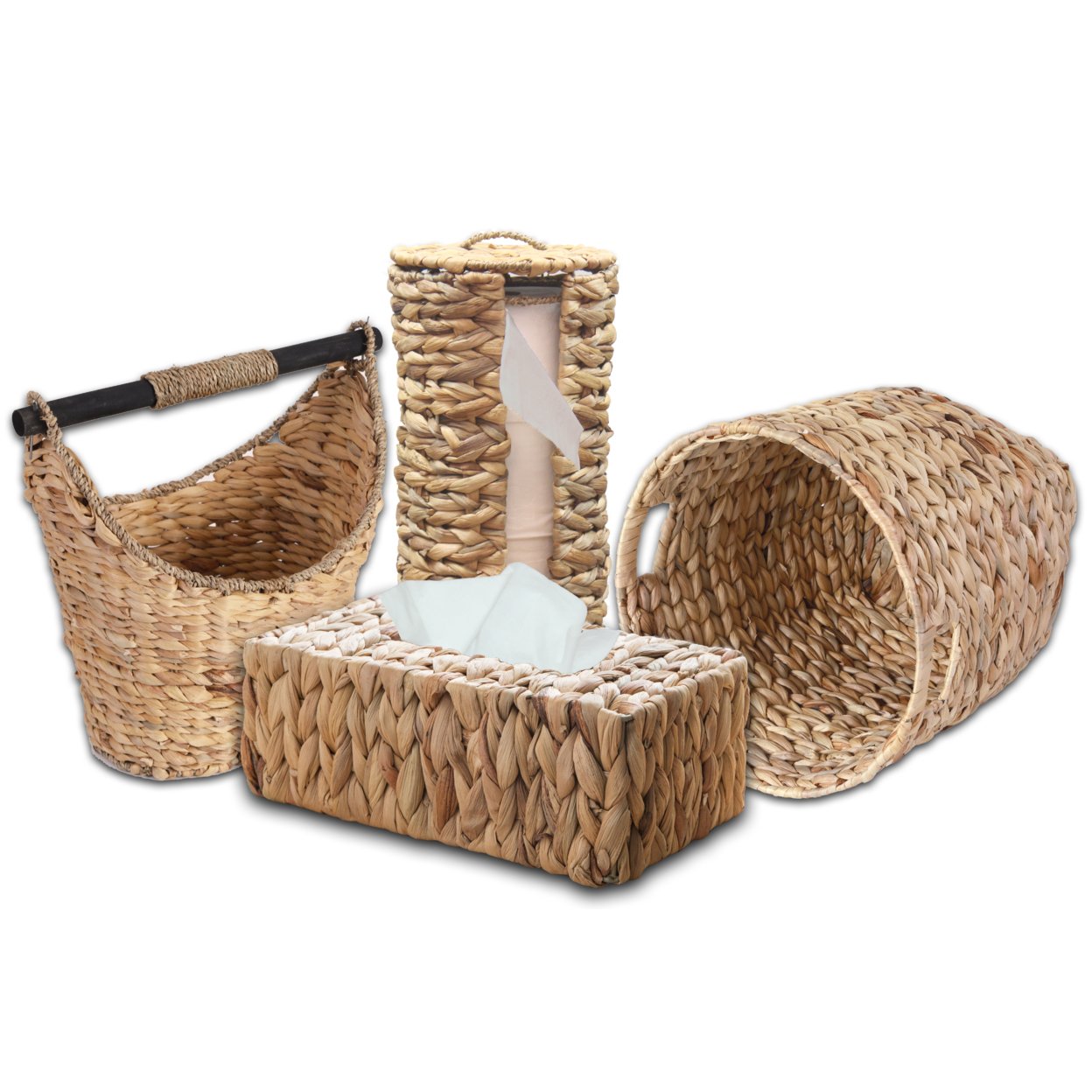 Rustic Water Hyacinth Vanity Bathroom Set, Set Of 4 - Magazine Basket, Tissue Roll Holder, Tissue Box Cover, And Wastebasket