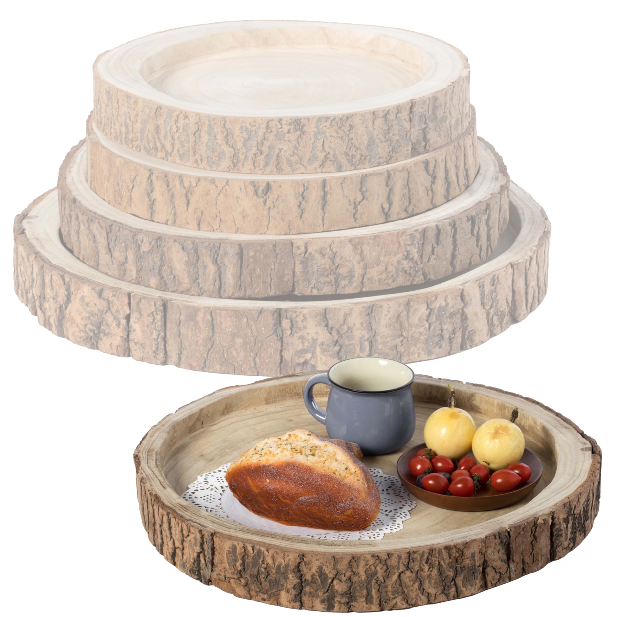 Wood Tree Bark Indented Display Tray Serving Plate Platter Charger - Set Of 4