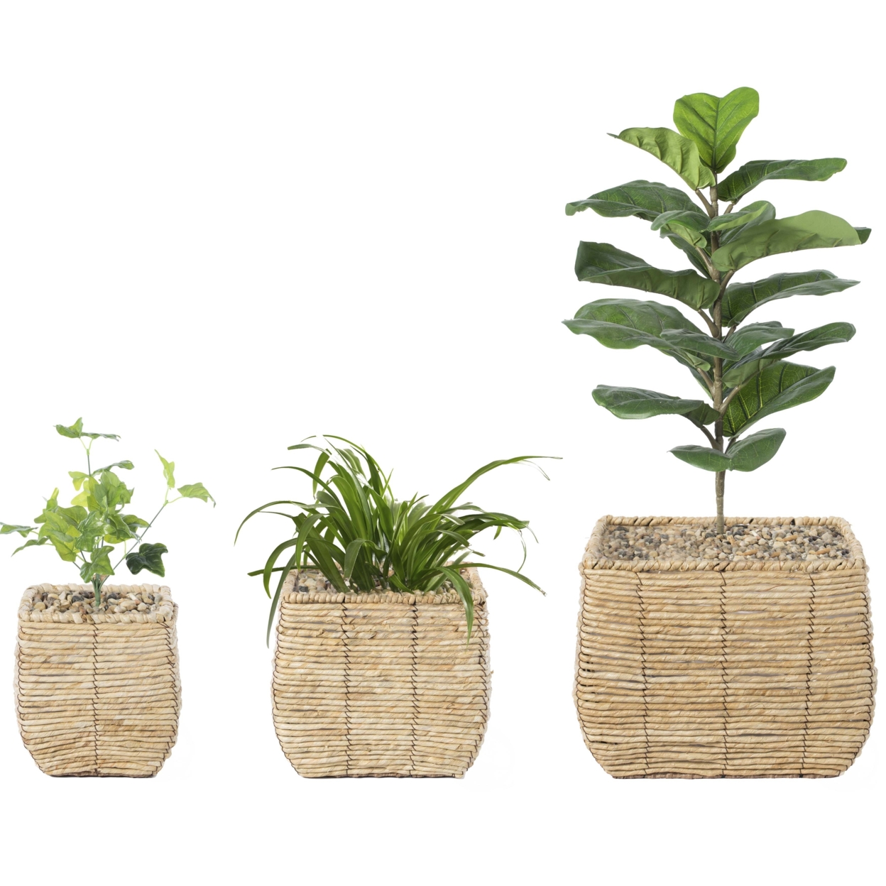 Woven Square Flower Pot Planter With Leak-Proof Plastic Lining - Set Of 3