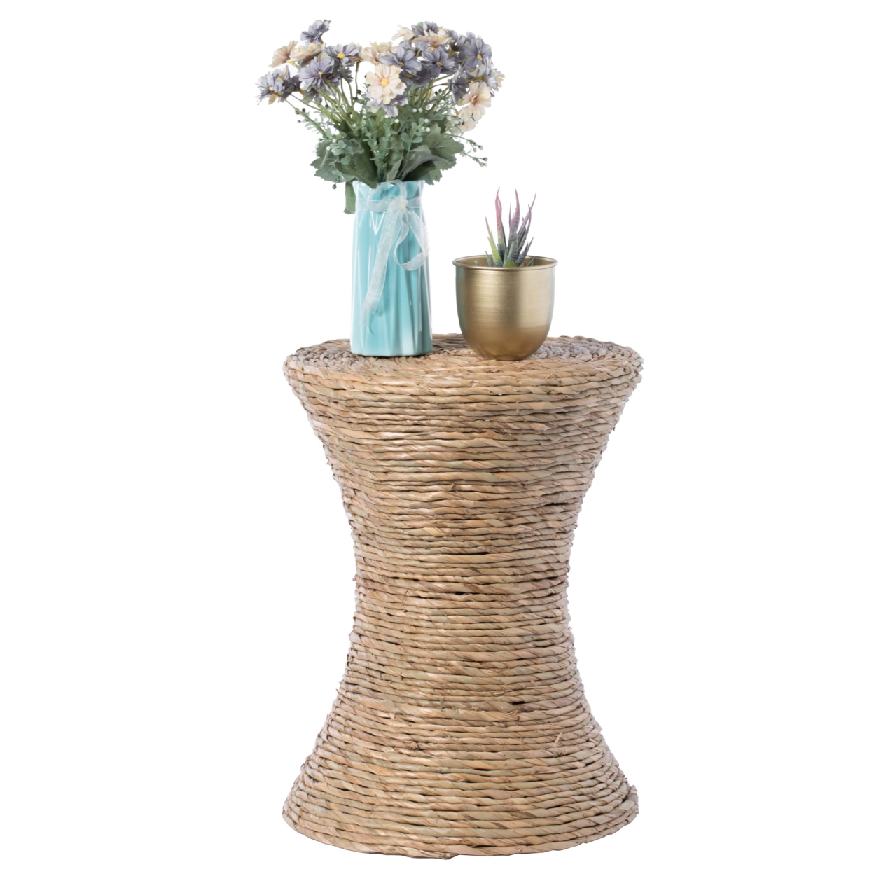 Decorative Round Wicker Side Table Hourglass Shape Accent Coffee Table