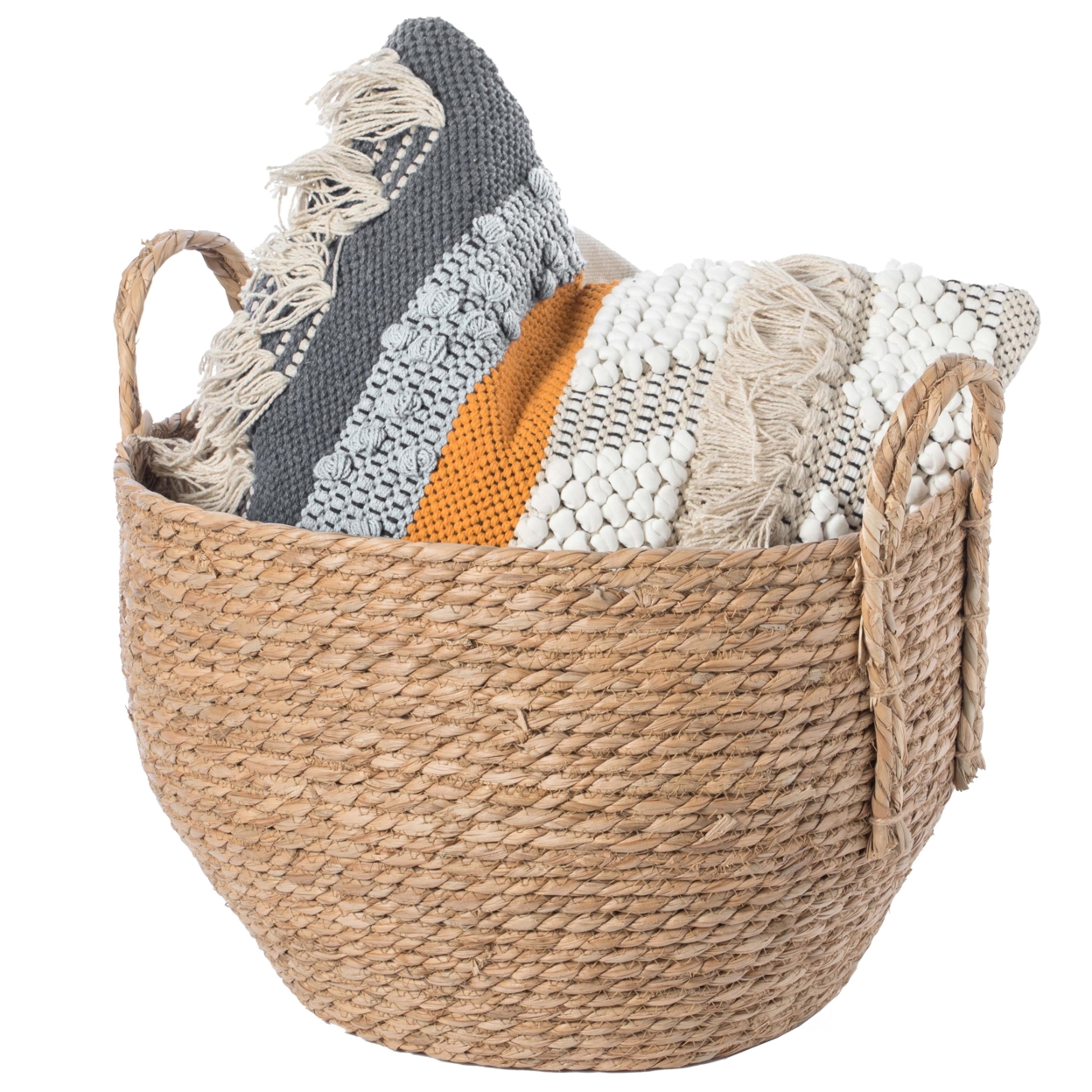 Decorative Round Wicker Woven Rope Storage Blanket Basket With Braided Handles - Large