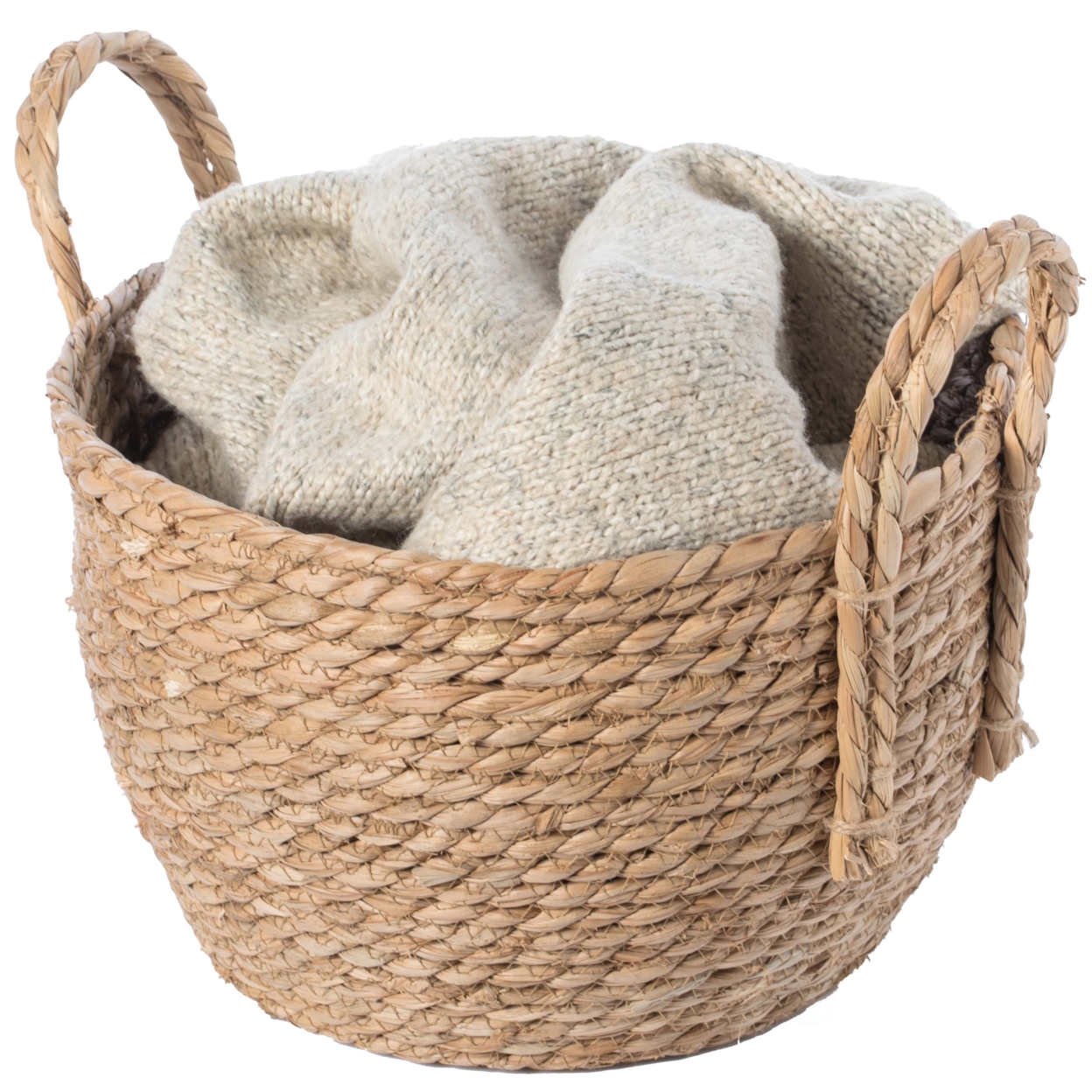 Decorative Round Wicker Woven Rope Storage Blanket Basket With Braided Handles - Small